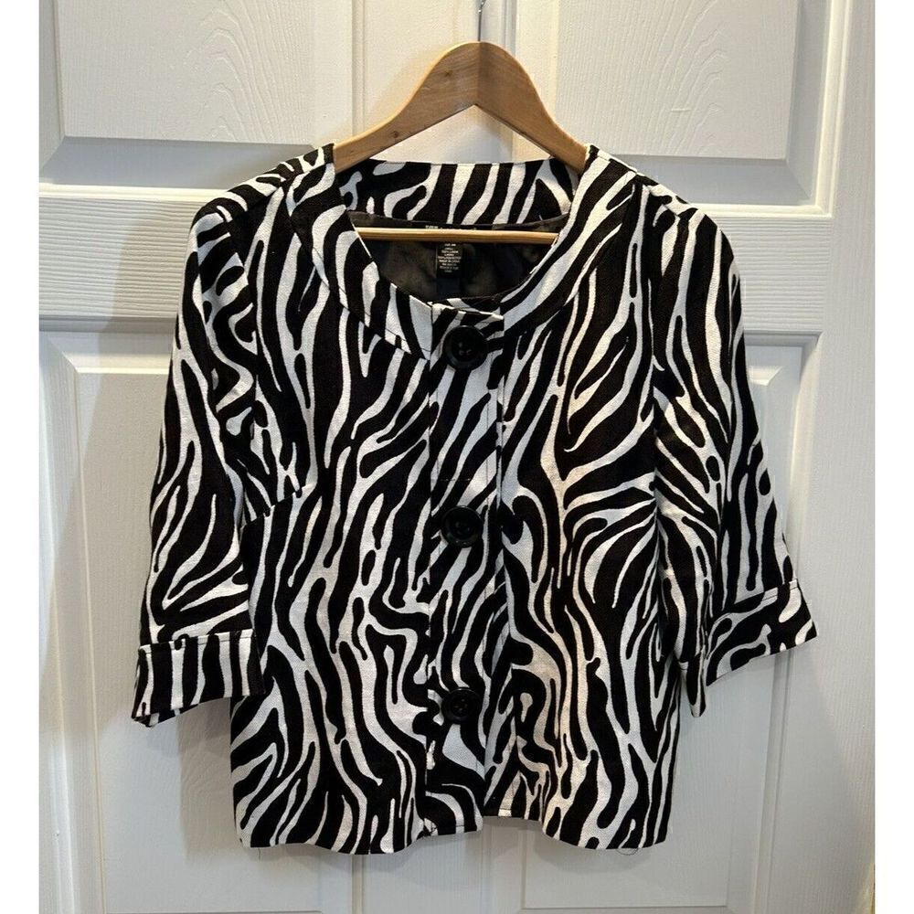 CAROLE LITTLE 100% Linen Jacket Womens Medium Blazer Zebra Print Black White